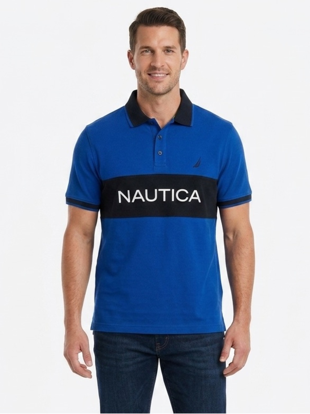 Nautica Blue & Black Colorblock Cotton Polo Shirt Size Large
